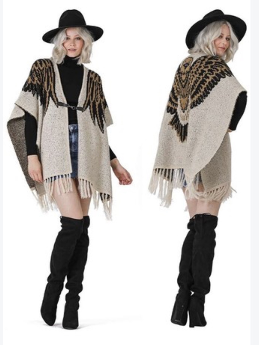 Vertigo Paris Eagle Bird Boho Fringed Poncho Cape Sz M/L